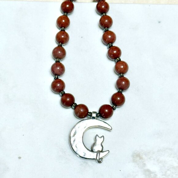 Genuine Red Jasper Short Necklace, Gemstone & Silver Cat on the Moon Charm - Picture 5 of 13